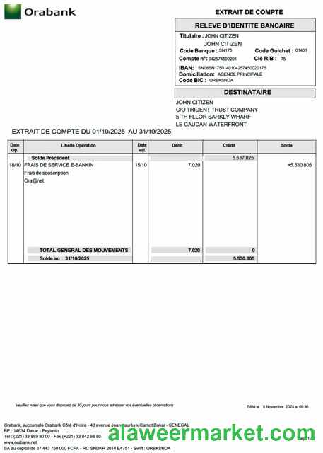 Togo Orabank account statement Word and PDF template